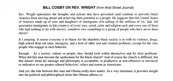 Bill Cosby on Rev. Wright